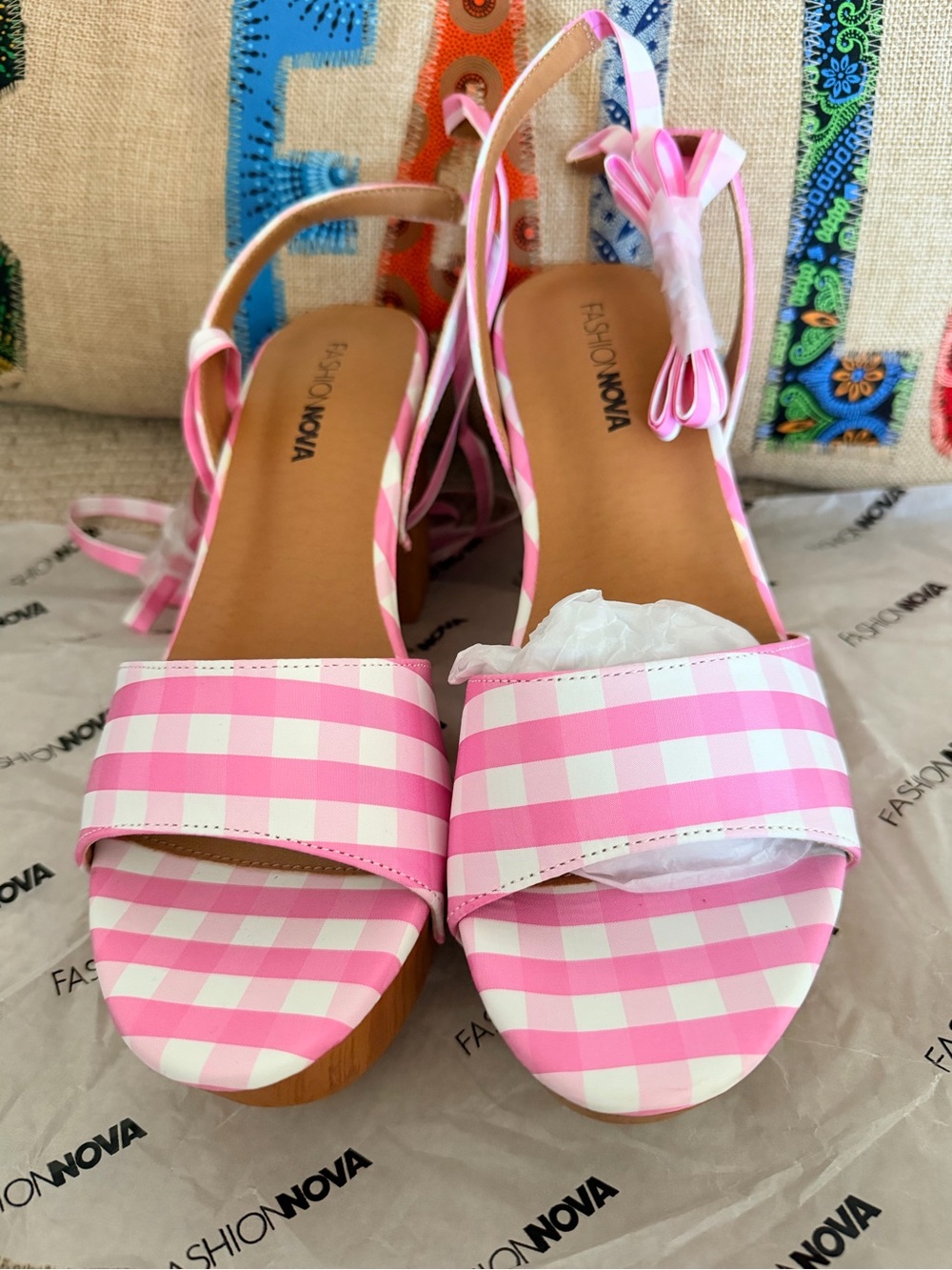 Fashion Nova Pink and White Gingham Slingback Sandals